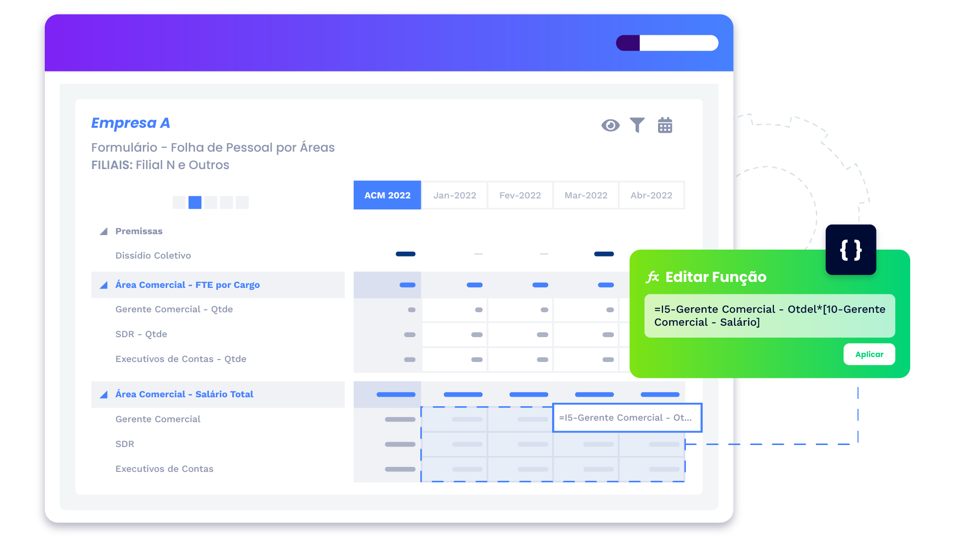 Criação de orçamento customizável na plataforma LeverPro, com sintaxe de excel e edição por célula.